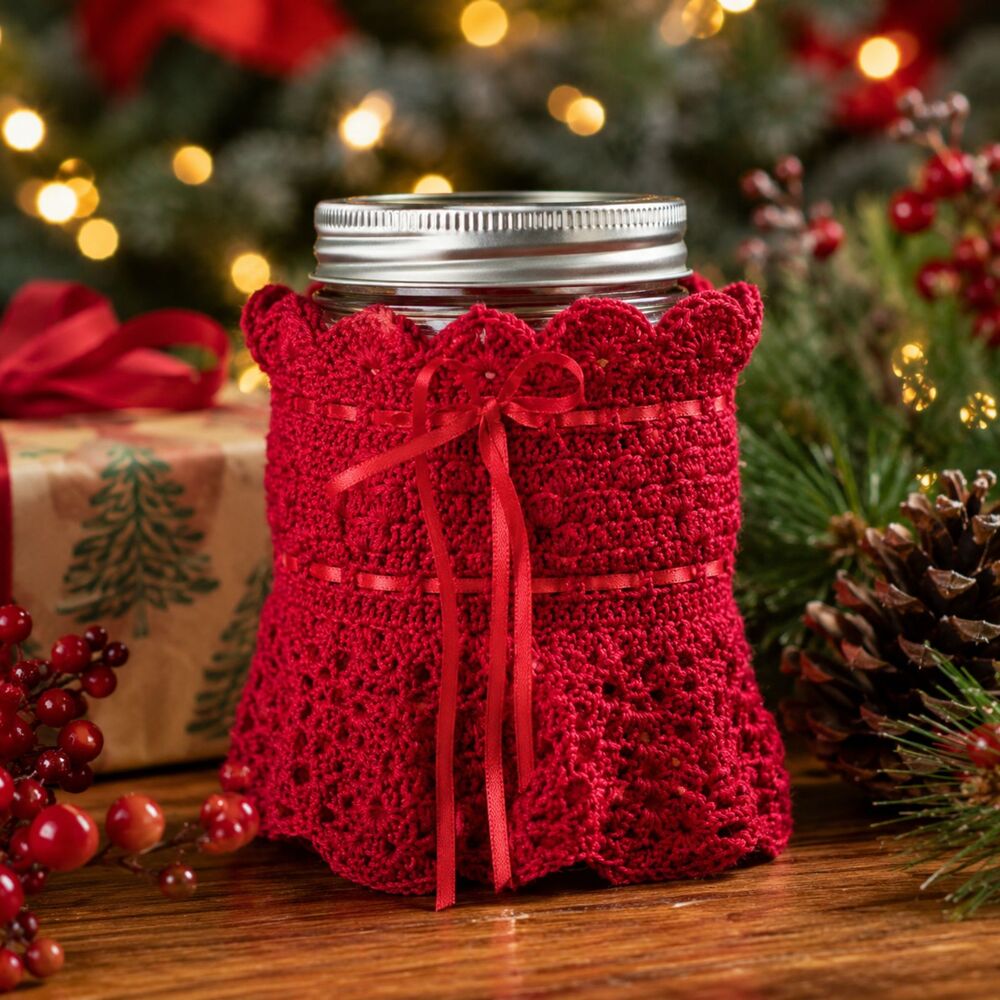 Hand Crocheted Mason Jar Sleeve Cozy Quart Jar Cover Holiday Gift Red Ribbon